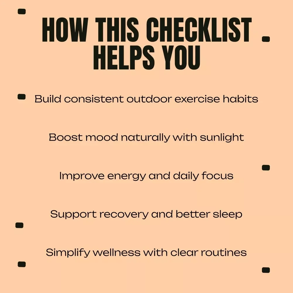 The Sunlight Exercise Checklist | Printable Wellness Checklist | Daily Outdoor Fitness Planner | sunlight exercise benefits Guide