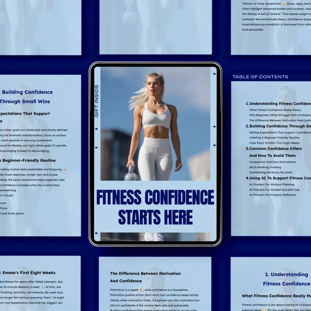 Fitness Confidence Starts Here – Beginner Fitness Confidence Guide, Mindset Reset eBook, Gym Anxiety Help, AI Fitness Prompts, Simple Workout Confidence Download