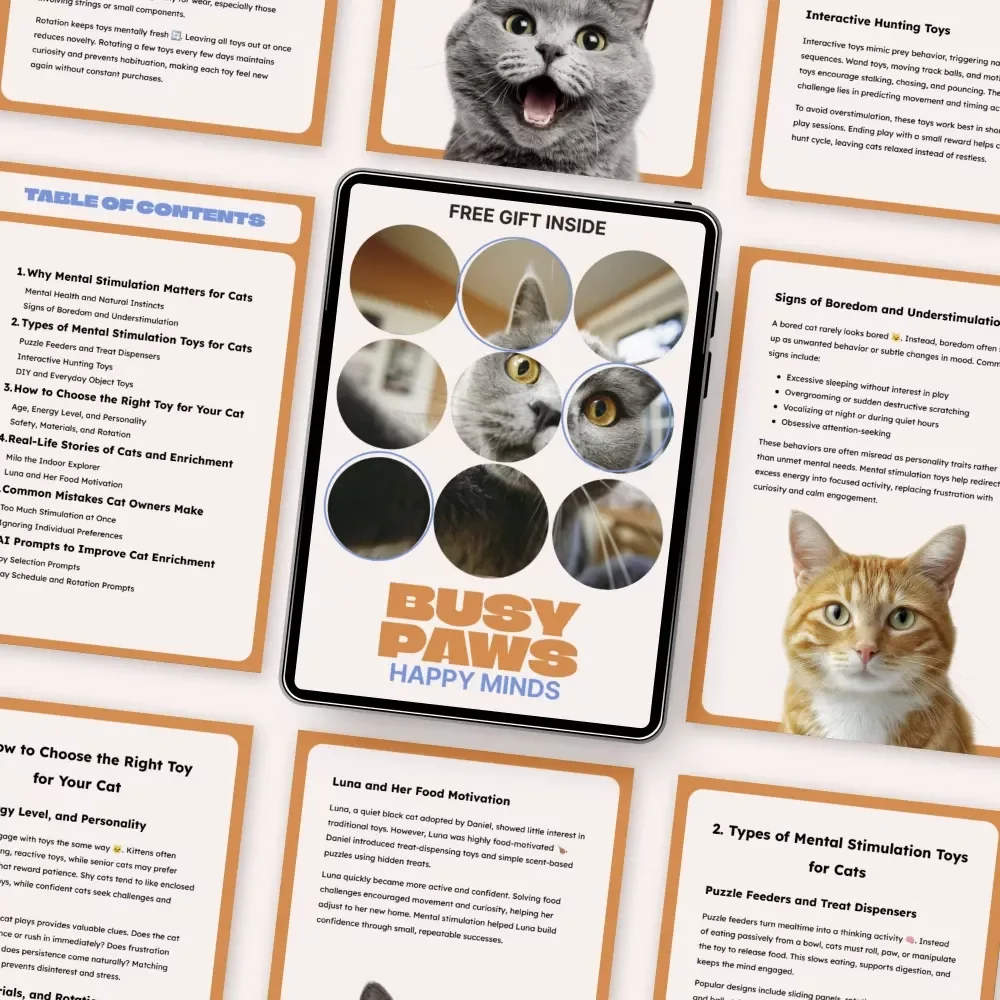 Busy Paws, Happy Minds – A Practical eBook Guide to Mental Stimulation Toys for Cats | Enrichment Ideas for Curious Cats