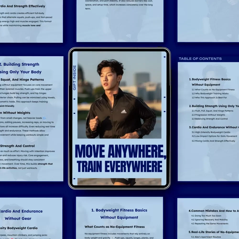 Move Anywhere, Train Everywhere | No-Equipment Bodyweight Fitness Guide, Travel Workout eBook, At-Home Strength & Cardio Training Checklist