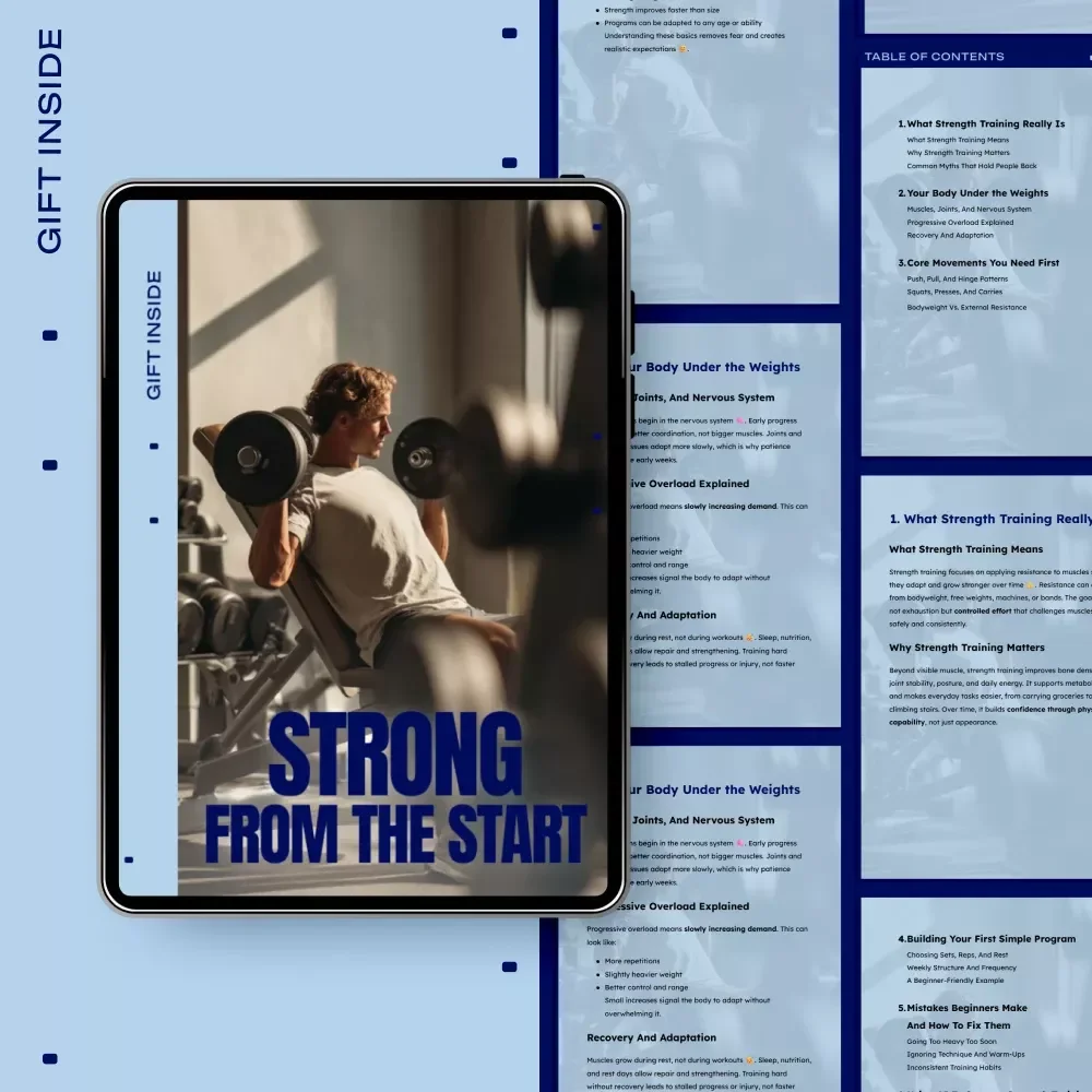 Strong From the Start: Beginner Strength Training Guide, eBook, Checklist for Muscles, Progressive Overload, Core Movements, AI-Powered Workouts, Recovery & Technique