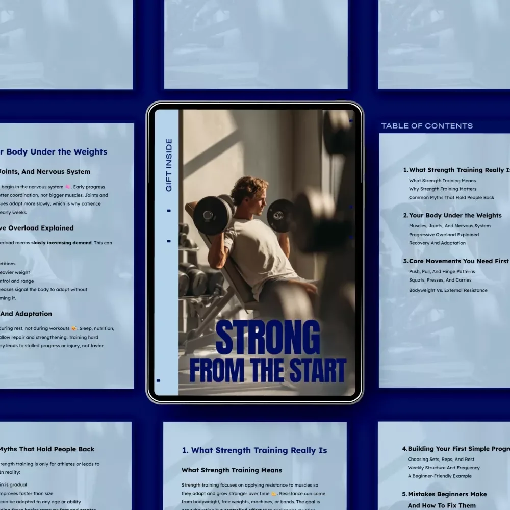Strong From the Start: Beginner Strength Training Guide, eBook, Checklist for Muscles, Progressive Overload, Core Movements, AI-Powered Workouts, Recovery & Technique