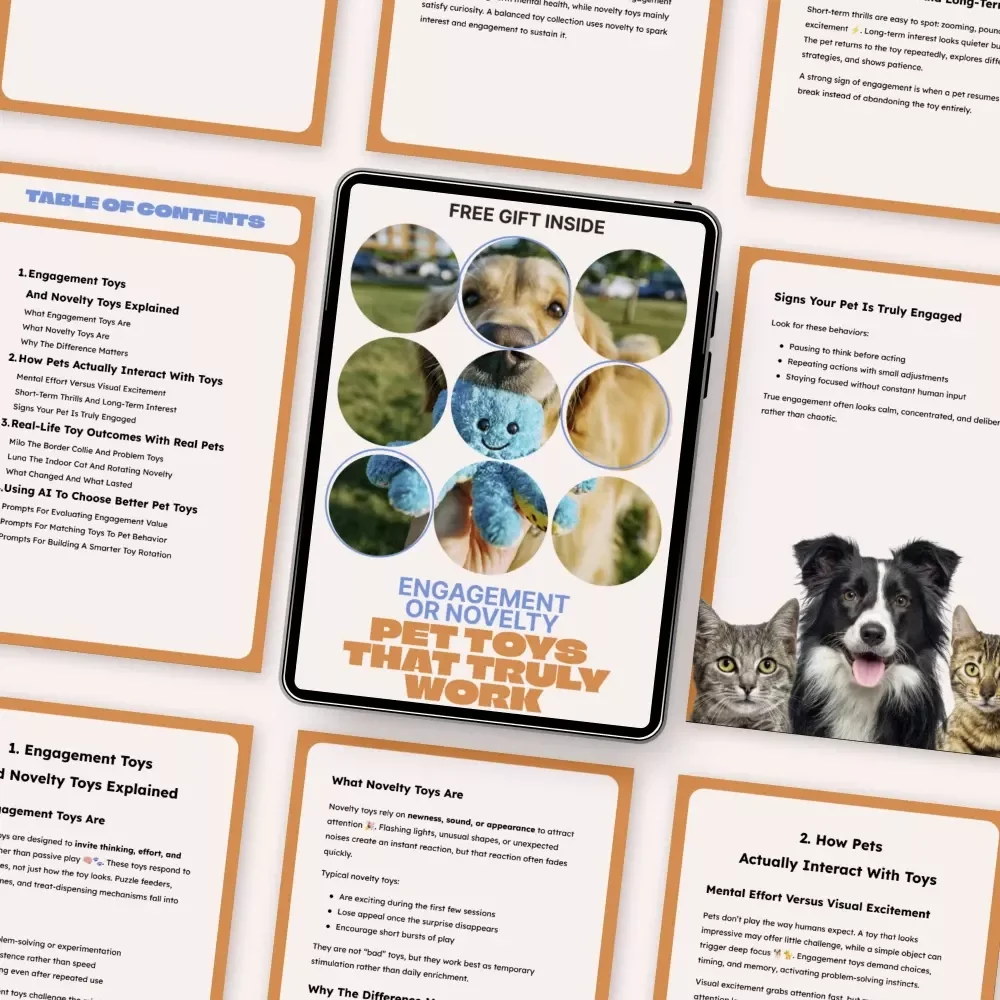 Engagement Or Novelty, Pet Toys That Truly Work – A Smart Guide to engagement vs novelty pet toys for Dogs & Cats | Digital Download