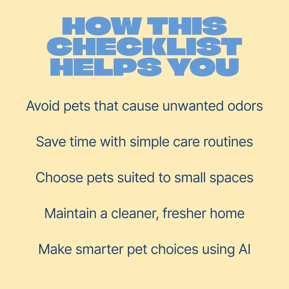 Fresh & Friendly Low-Odor Pets | Printable Checklist for Choosing Pets That Do Not Smell Much | Apartment & Small Space Pet Guide