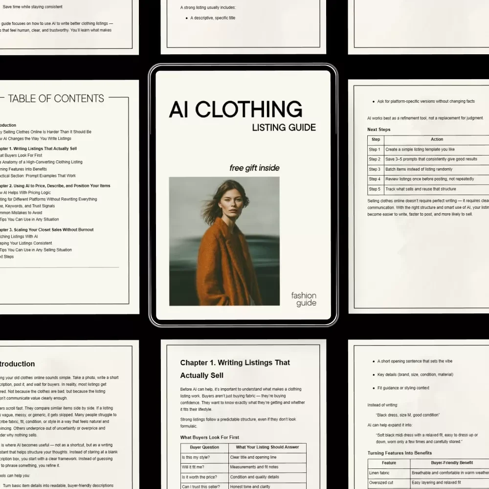 AI Clothing Listing Guide – AI That Helps You Write a Listing to Sell Your Old Clothes, Resell Faster on Etsy, Poshmark, Depop & More