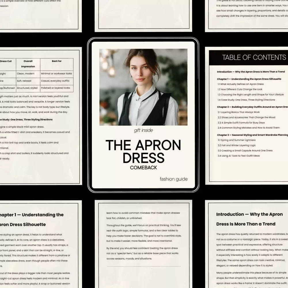 The Apron Dress Comeback | Apron Dress Styling Guide, Capsule Wardrobe eBook, Everyday Outfit Formula, Seasonal Layering & AI Tools