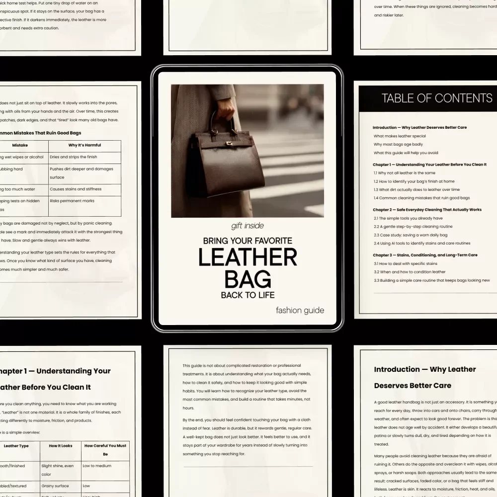Bring Your Favorite Leather Bag Back to Life – Leather Bag Care Guide, Cleaning & Conditioning eBook, DIY Leather Cleaning Checklist, Restore & Protect Leather Bags