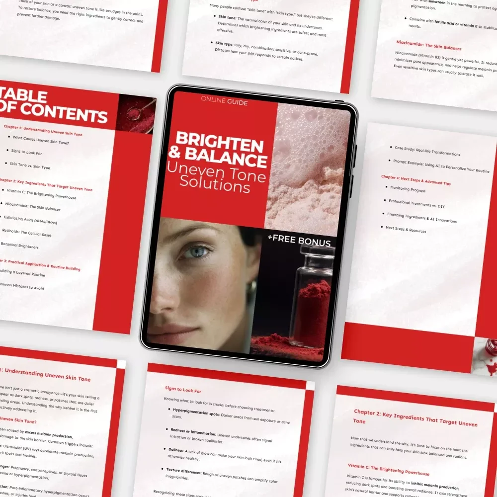 Brighten & Balance: Uneven Tone Solutions – Best Ingredient Guide for Uneven Tone, Skincare Routine & Digital Guide