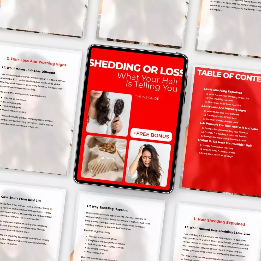Shedding Or Loss, What Your Hair Is Telling You – Hair Shedding Explained, Hair Loss And Warning Signs, AI Hair Analysis Guide, Digital Download