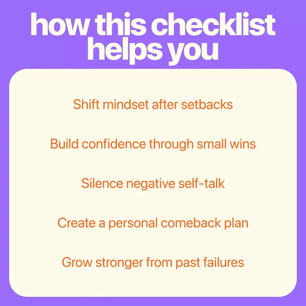 Confidence Comeback Checklist: Bounce Back Stronger, One Step at a Time | How to Gain Confidence After Failure Printable Guide