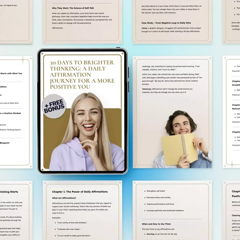 30 Days to Brighter Thinking: A Daily Affirmation Journey for a More Positive You – Guided Mindset Reset Ebook | 30 days affirmations for positive thinking