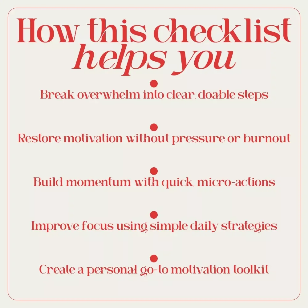 Motivation Rescue Checklist: Your Go-To Toolkit for Beating Overwhelm | Printable Digital Checklist for how to get motivated when overwhelmed