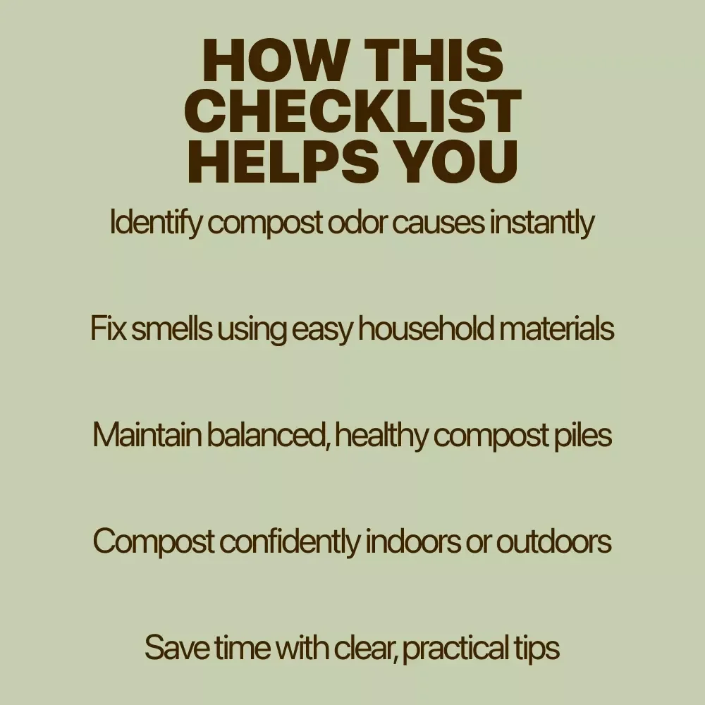 Odor-Free Home Compost Tips – Printable Checklist to Fix Home Compost Odor Causes | Easy Kitchen Composting Guide
