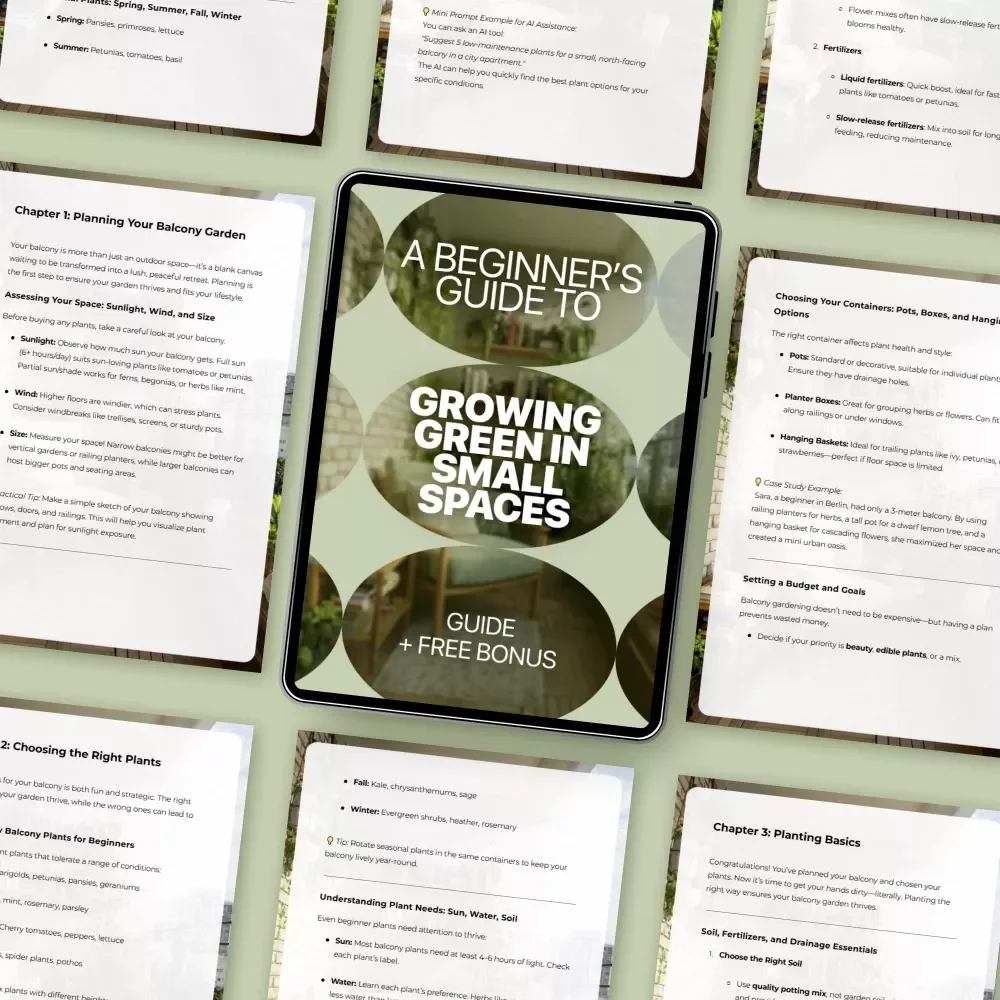 A Beginner’s Guide to Growing Green in Small Spaces – Digital Ebook for Balcony Gardening Beginners | Simple Step-by-Step Guide to Balcony Plants for Beginners