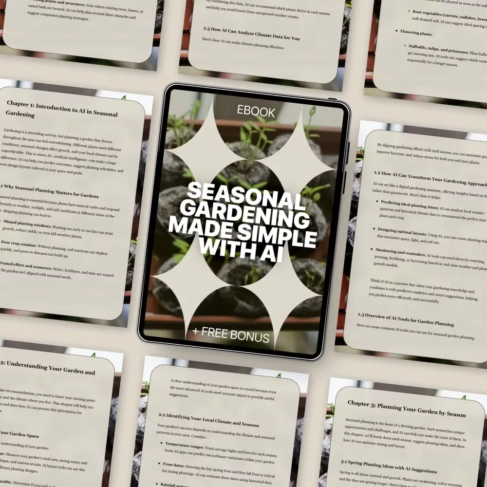 Seasonal Gardening Made Simple with AI | Smart eBook for Easy Seasonal Planning, AI-Powered Garden Success & ai seasonal garden planner ideas