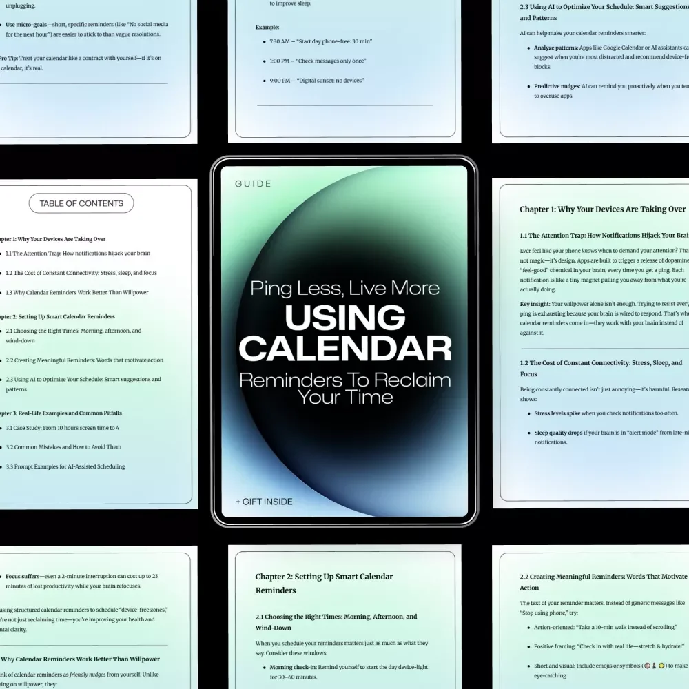 Ping Less, Live More: Using Calendar Reminders to Reclaim Your Time | Digital Guide to Calendar Reminders to Reduce Device Use, Mindful Tech Habits, Productivity & Focus Reset