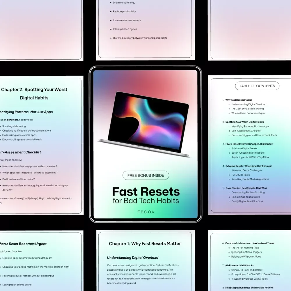 Fast Resets for Bad Tech Habits – Digital Detox Guide, Screen Time Reset eBook, Scrolling Addiction Checklist, Focus & Productivity Download