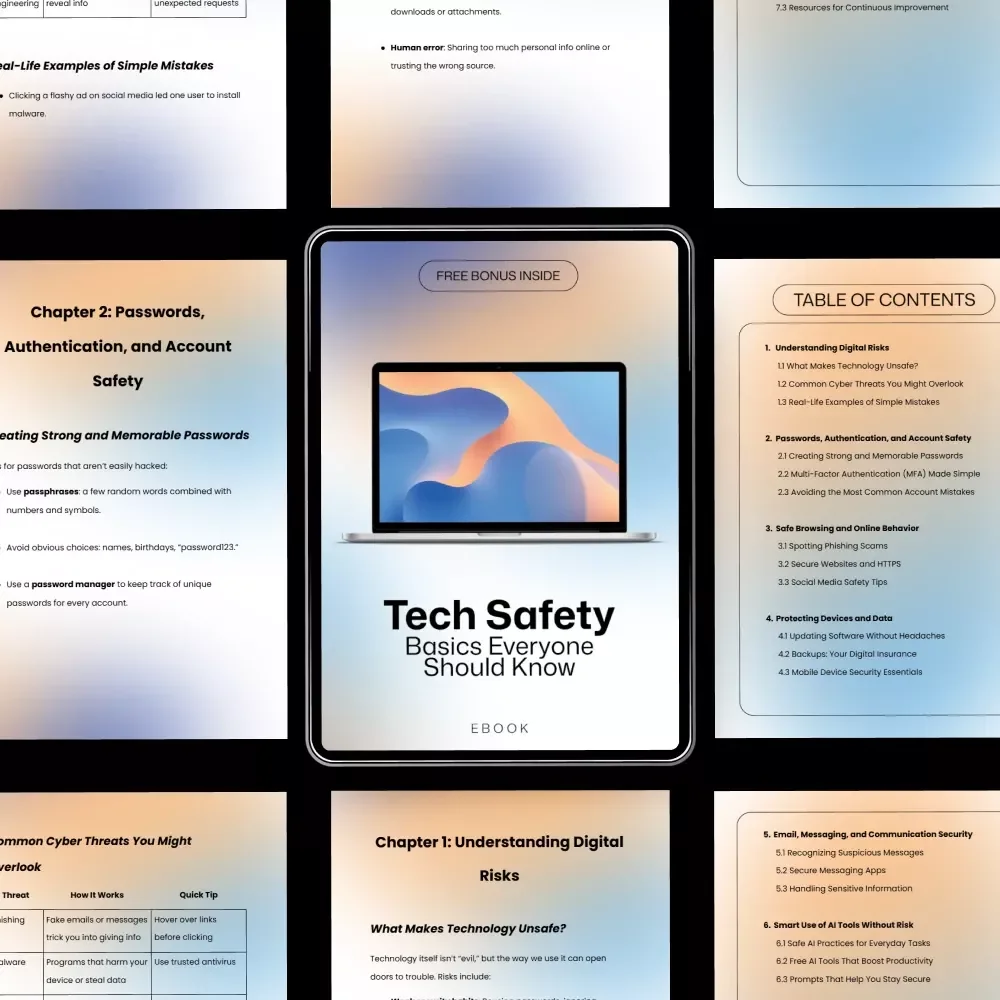 Tech Safety Basics Everyone Should Know | Digital Security Guide for Beginners, Online Safety eBook, Cyber Awareness Checklist, Personal & Family Tech Protection Download
