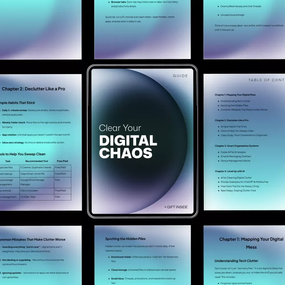 Clear Your Digital Chaos | Digital Declutter Guide, Digital Organization eBook, Productivity Checklist, AI Tools for Digital Clutter, Simple Systems for Files Email & Devices