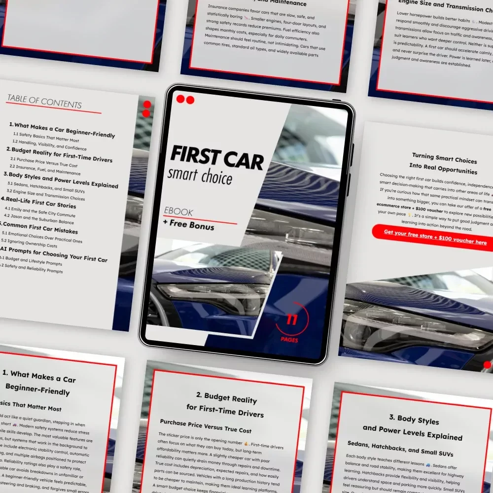 First Car Smart Choice – The Ultimate Ebook Guide to Finding the Best Car for a First Time Driver | Safety, Budget & Smart Buying Tips