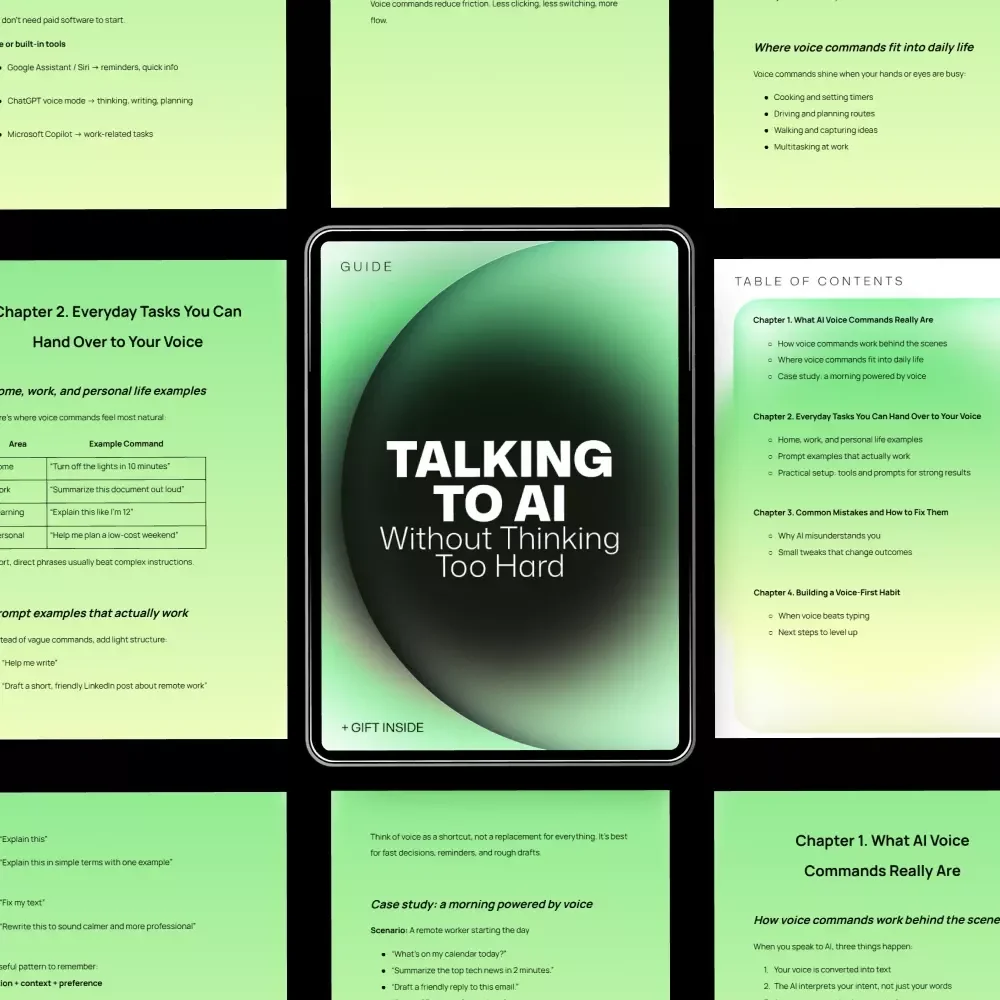 Talking to AI Without Thinking Too Hard – Voice Commands Guide for Beginners, Simple AI Prompts eBook, Hands-Free Productivity & Everyday AI Checklist