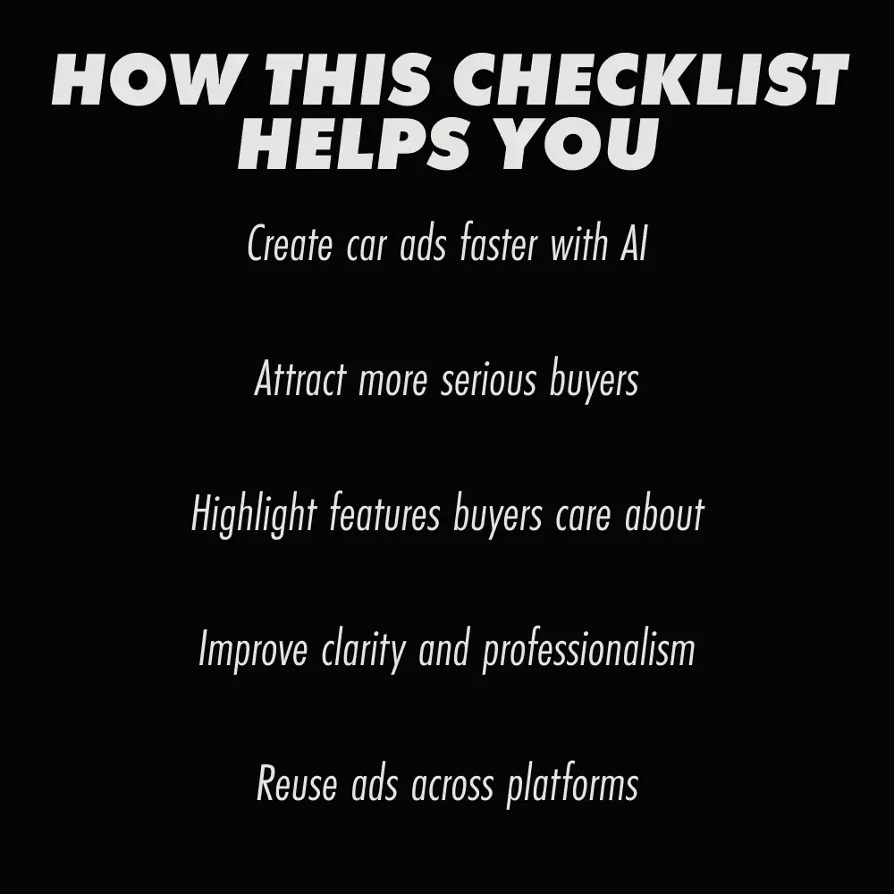 AI Tips for Writing Car Selling Ads – Smart Checklist for Faster Sales, ai for generating a car selling ad description, Digital Download for Private Sellers & Dealers