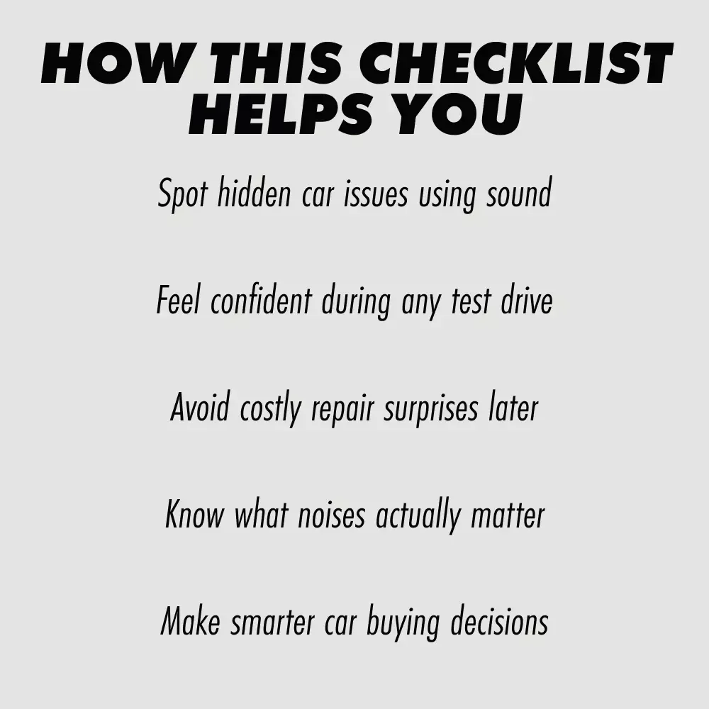 The Car Test Drive Sound Checklist | Smart Buyer’s Audio Guide for What to Listen For During a Car Test Drive | Instant Digital Download