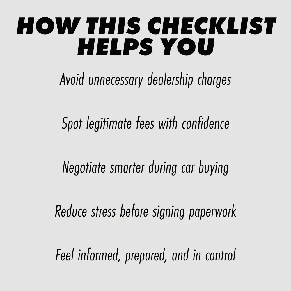 Spotting Legitimate Dealer Fees on a New Car | Printable Checklist for Buyers | Understand New Car Dealer Fees Which Are Legitimate