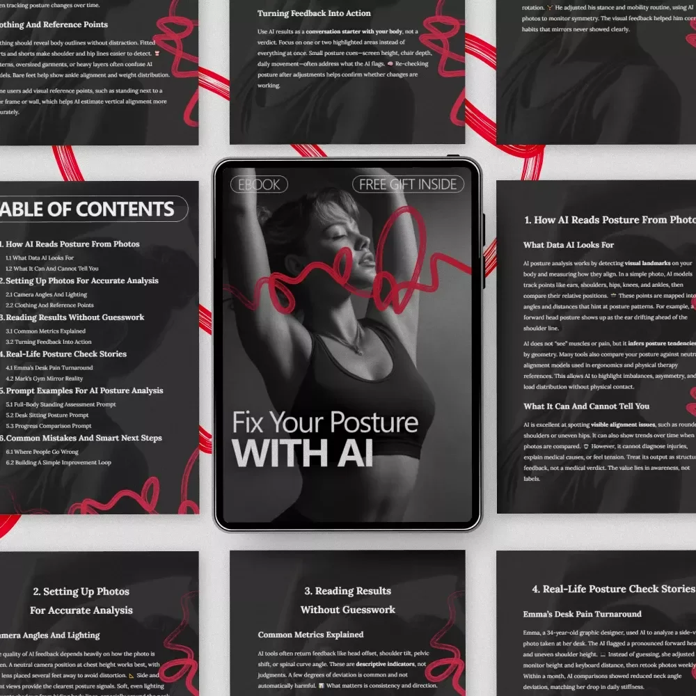 Fix Your Posture With AI – Smart Posture Guide eBook Using ai for analyzing your posture in photos, Photo-Based Alignment Checks, Desk & Standing Posture Improvement Download
