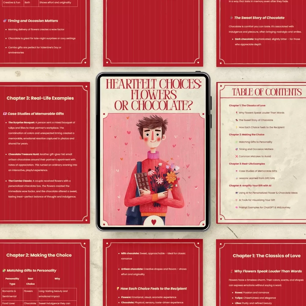 Heartfelt Choices: Flowers or Chocolate – Romantic Gift Guide eBook, Flowers vs Chocolate Decision Guide, Love & Anniversary Gift Ideas, AI-Powered Personalization Checklist