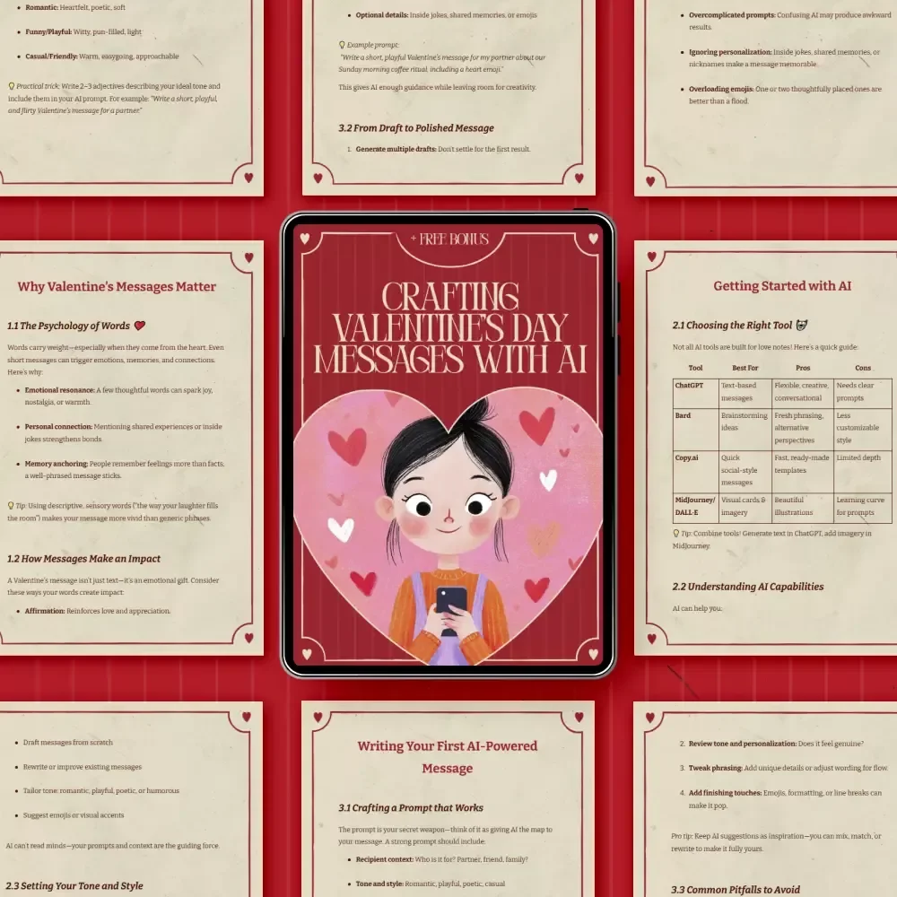 Crafting Valentine’s Day Messages with AI | Ebook Guide on how to write valentine’s day messages with ai | Romantic, Funny & Heartfelt Prompts