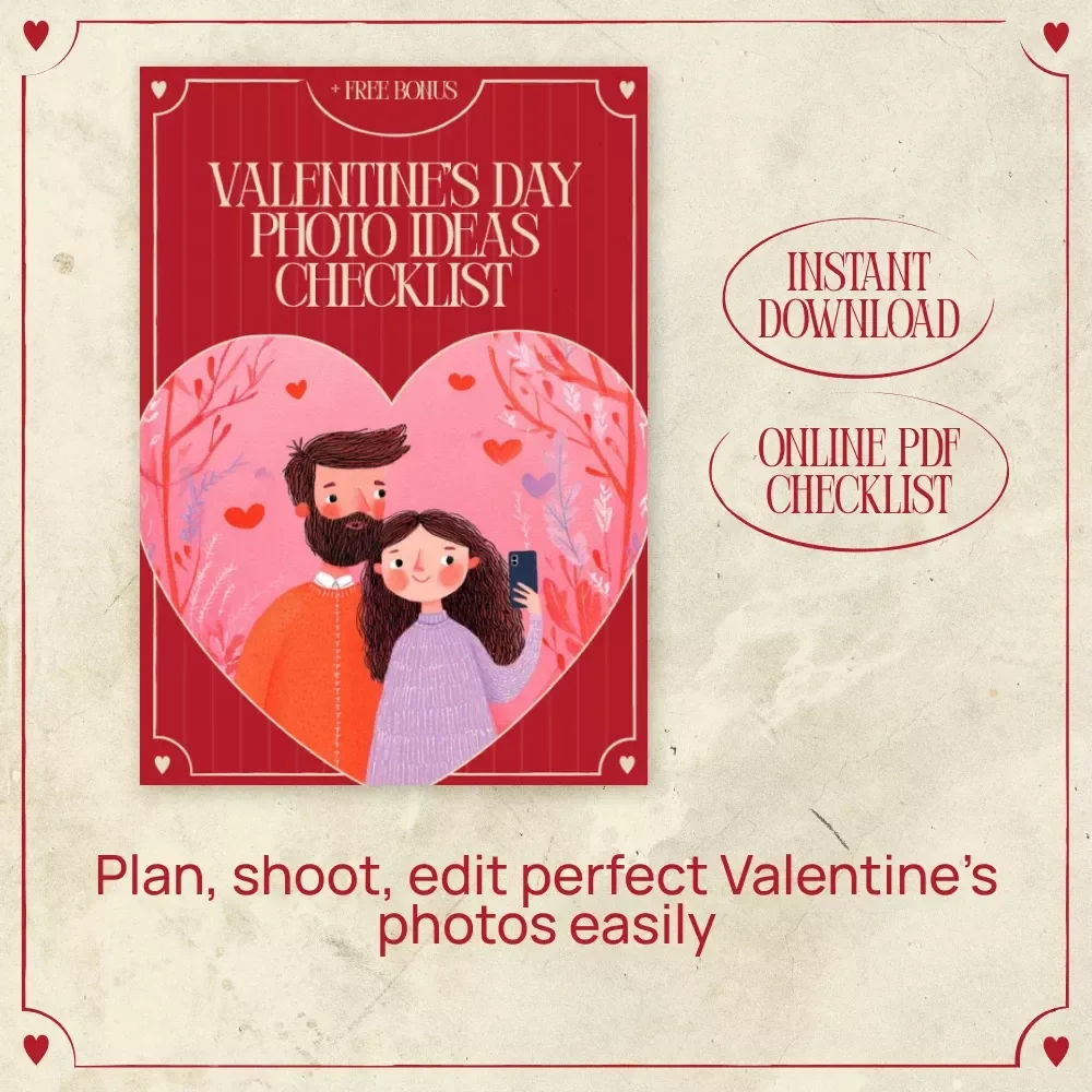 Valentine’s Day Photo Ideas Checklist | Easy Valentine’s Day Photo Ideas Planner for Couples, Solo Shoots & Content Creators