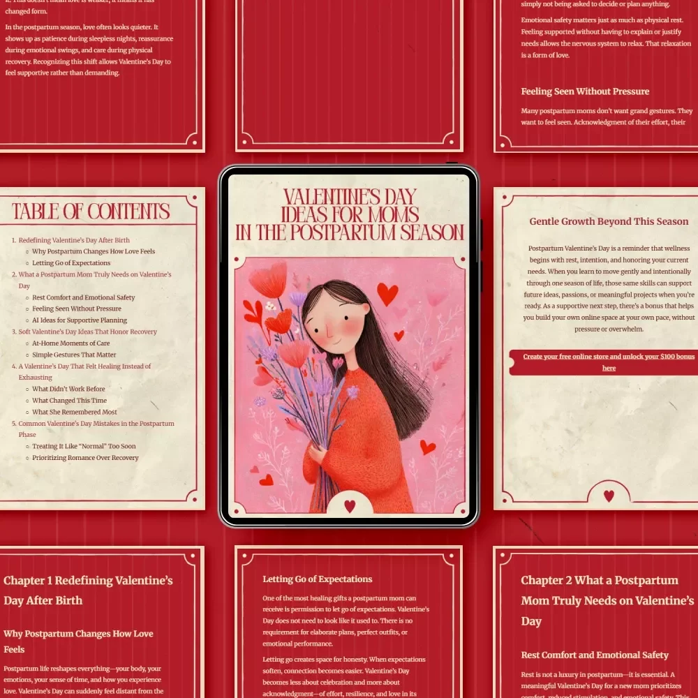 Valentine’s Day Ideas for Moms in the Postpartum Season | Gentle Valentine’s Day Postpartum Ideas for Moms | Digital eBook for New Mothers