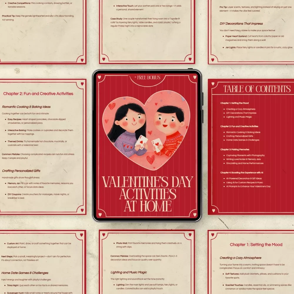 Valentine’s Day Activities at Home – Romantic At-Home Date Ideas, Creative Couple Activities, Cozy Valentine Guide & AI-Enhanced Celebration Planner (Digital Download)