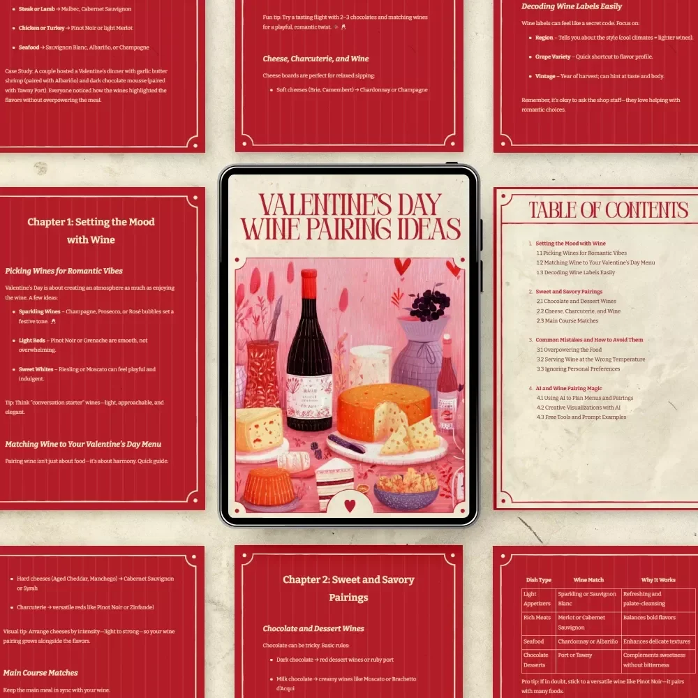Valentine’s Day Wine Pairing Ideas – Romantic Wine Guide, eBook & Checklist for Chocolate, Cheese, Main Course, and AI Menu Planning