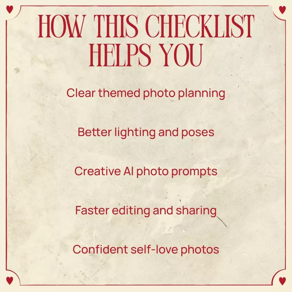 Valentine’s Day Photo Ideas Checklist | Easy Valentine’s Day Photo Ideas Planner for Couples, Solo Shoots & Content Creators