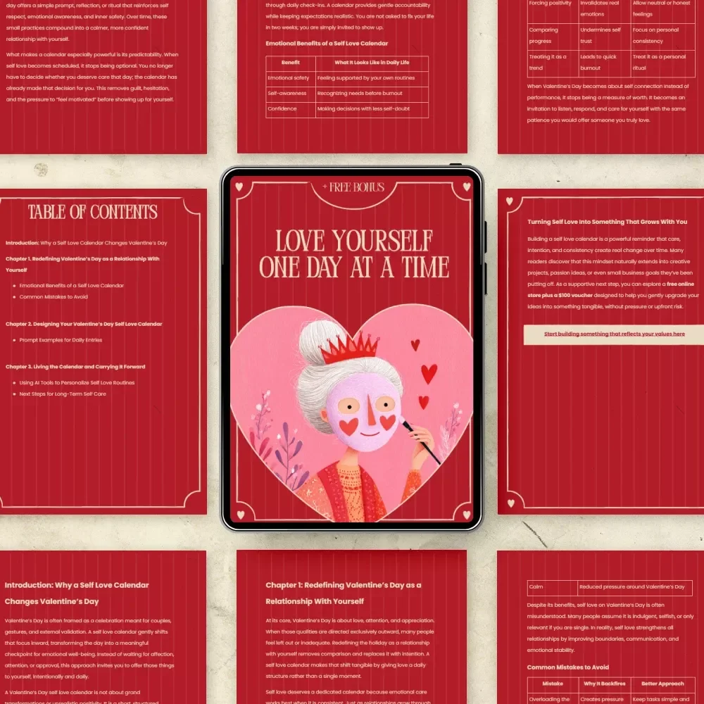 Love Yourself One Day at a Time – Valentine’s Day Self Love Guide & Valentine's Day Self Love Calendar for Mindful Daily Care