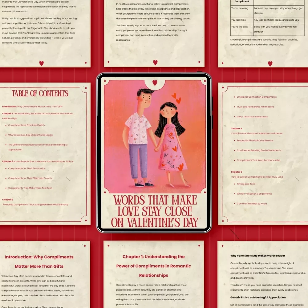 Words That Make Love Stay Close on Valentine’s Day – A Thoughtful eBook; Valentine's Day Compliments List for Your Partner | Romantic Communication Guide