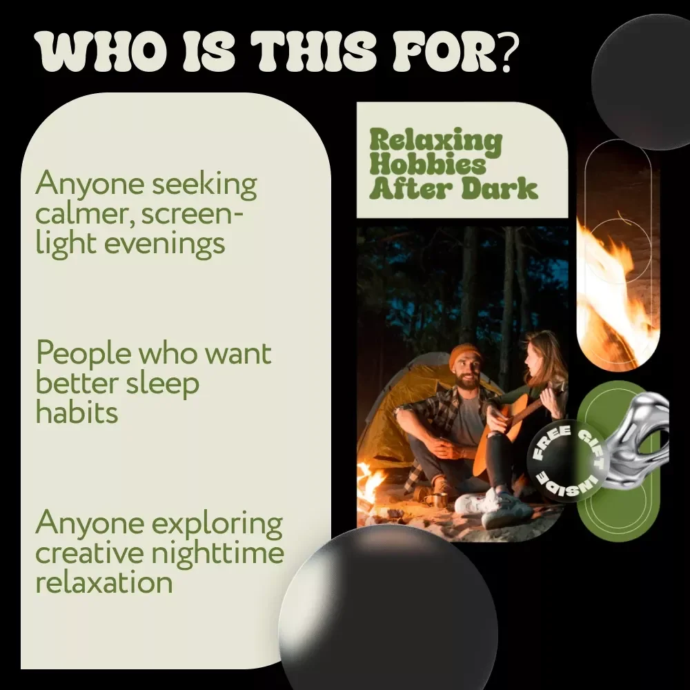 Relaxing Hobbies After Dark | Ebook with Ideas for Relaxing Hobbies at Night | Evening Self-Care & Stress Relief Guide