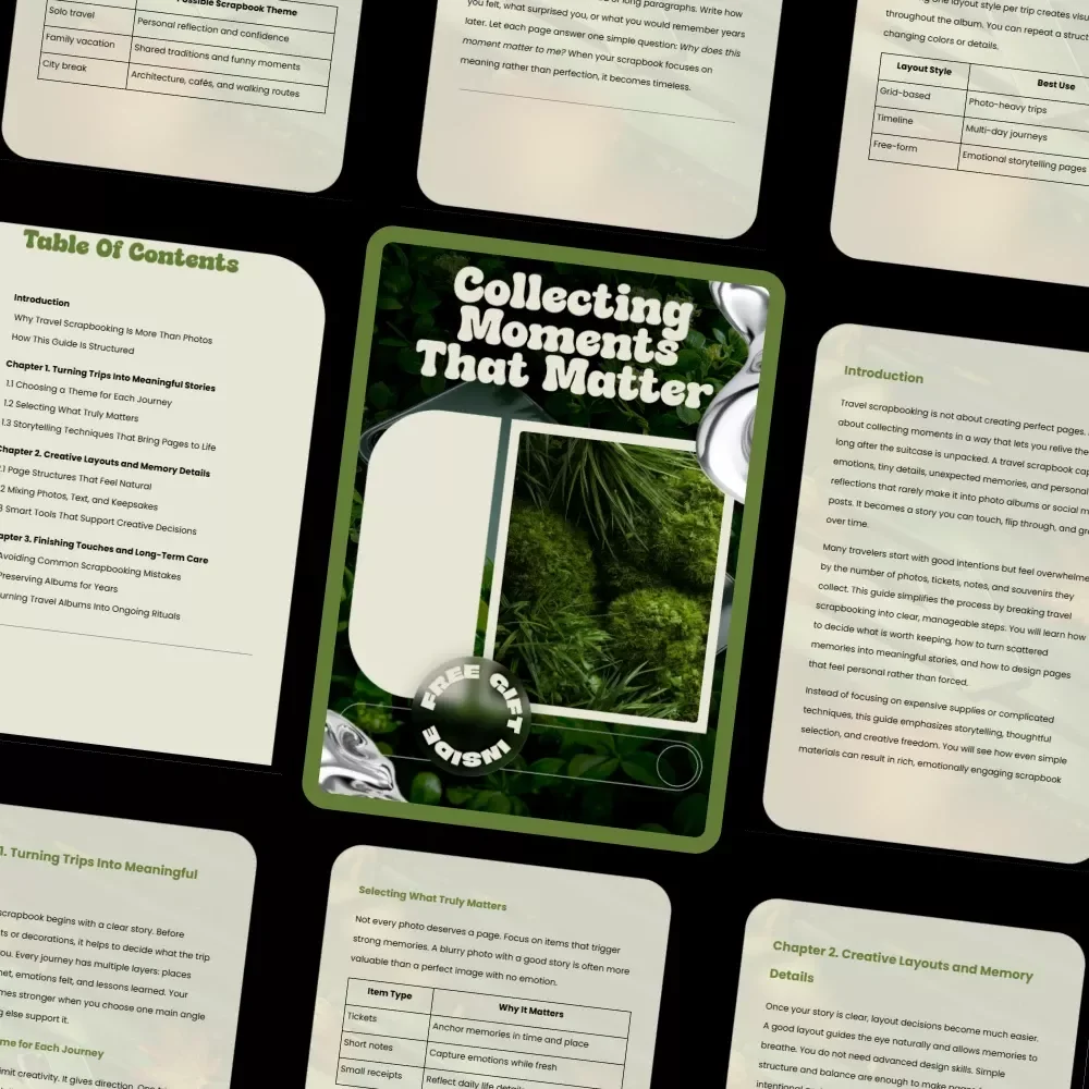 Collecting Moments That Matter – Travel Scrapbooking Ideas Guide for Story-Driven Memory Keeping, Creative Layouts, and Meaningful Travel Albums (Digital Download)