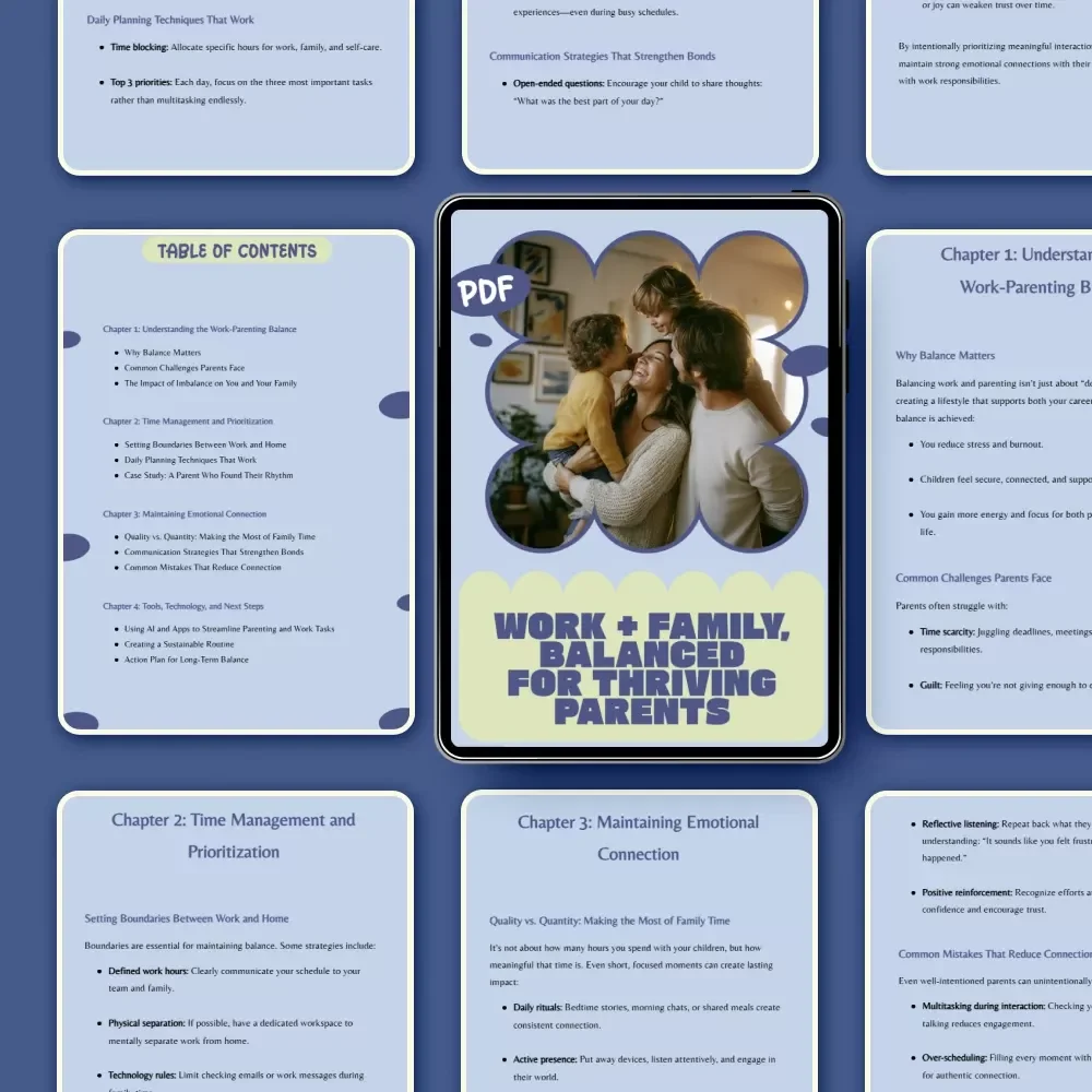 Work + Family, Balanced for Thriving Parents | Practical Guide on how to balance work and parenting, Time Management, Emotional Connection & Sustainable Routines