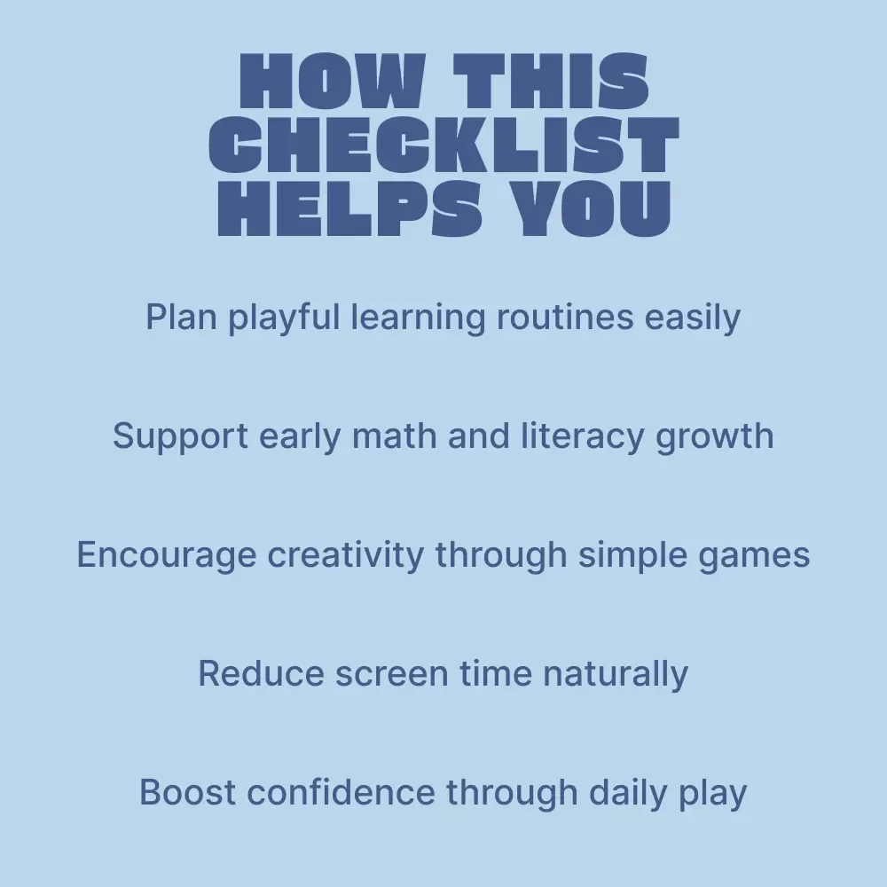 Fun Learning Games for Preschoolers | Printable Educational Checklist for Play-Based Learning, Early Math & Literacy Activities, Easy At-Home Preschool Games