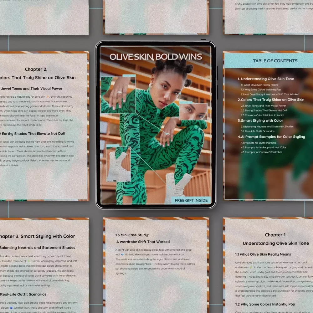 Olive Skin, Bold Wins – Olive Skin Tone Color Guide eBook, Styling & Wardrobe Colors, AI Prompts for Outfits & Capsule Wardrobes