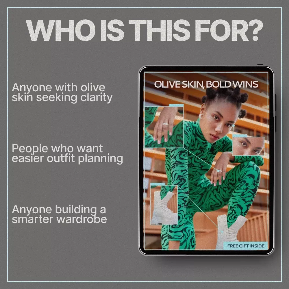 Olive Skin, Bold Wins – Olive Skin Tone Color Guide eBook, Styling & Wardrobe Colors, AI Prompts for Outfits & Capsule Wardrobes