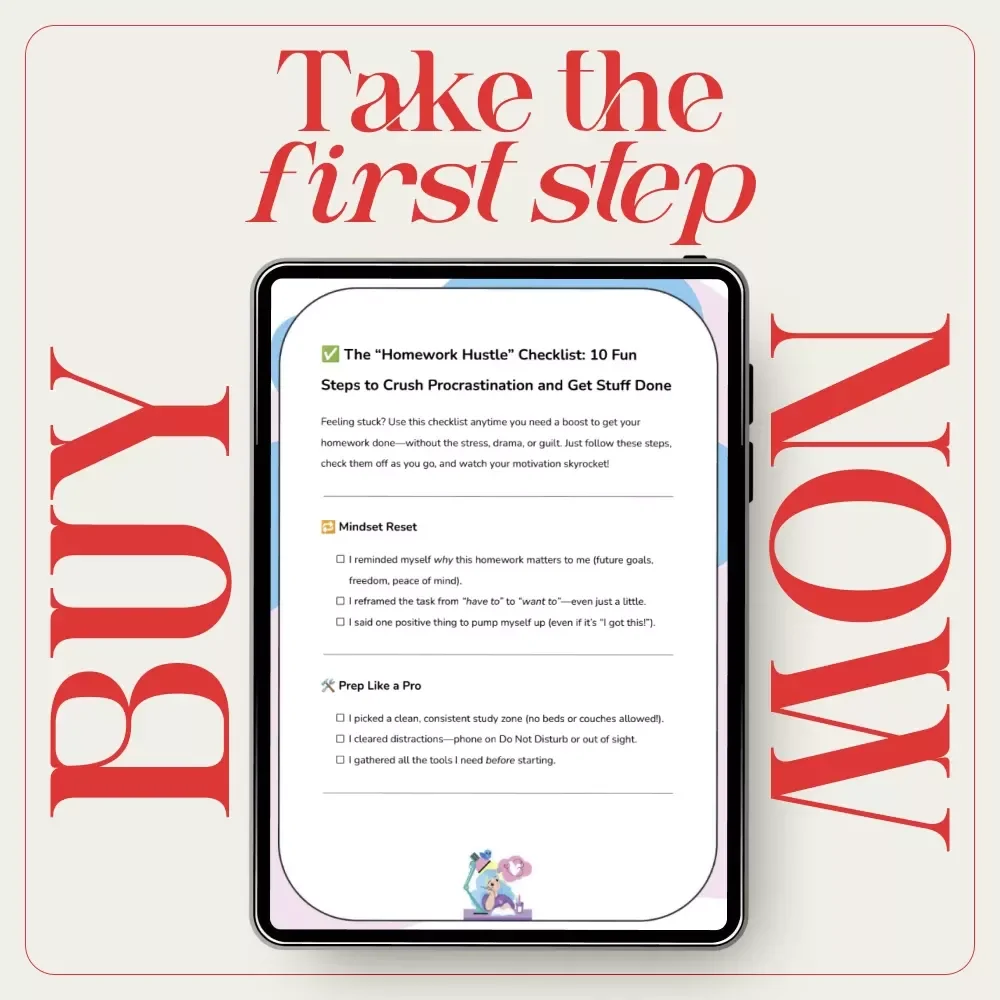 The “Homework Hustle” Checklist: 10 Fun Steps to Crush Procrastination and Get Stuff Done | Digital Download for Students | how to get motivated to do homework