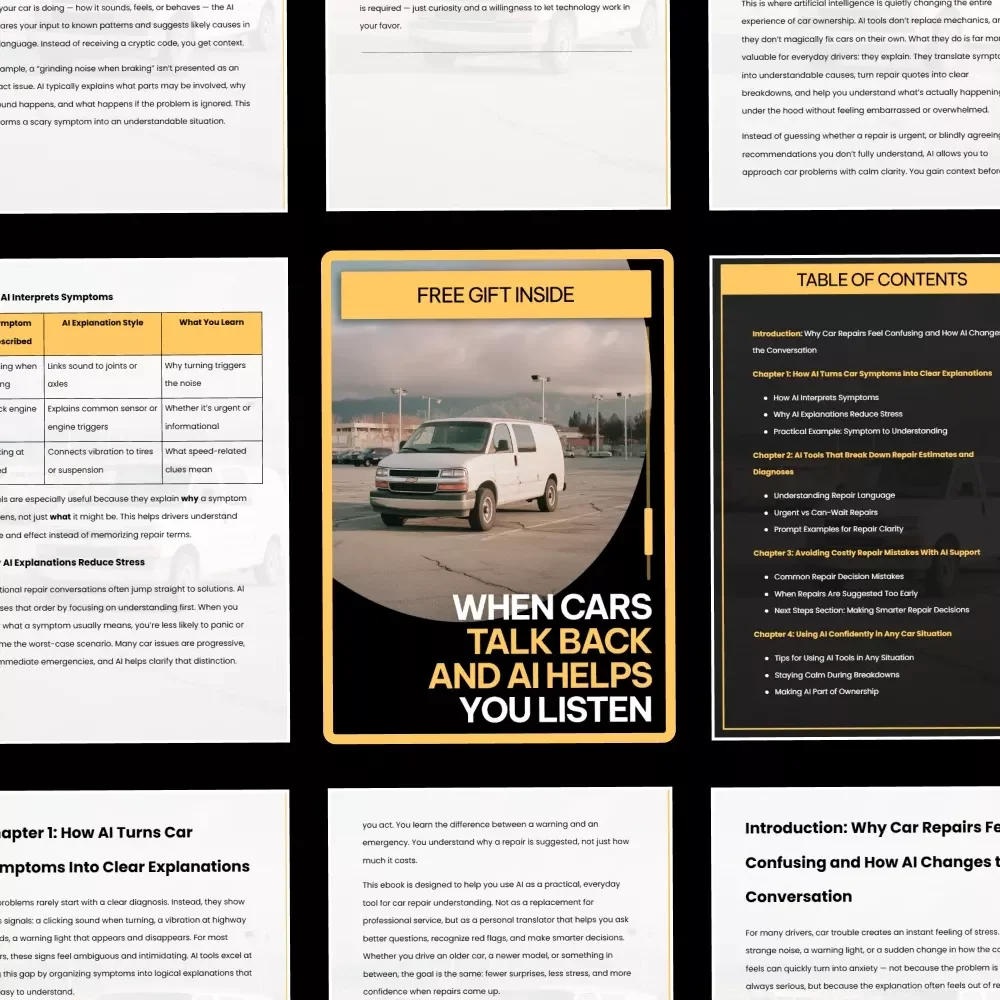 When Cars Talk Back and AI Helps You Listen – Smart Car Repair Guide, AI Car Diagnostics Explained, Repair Estimate Clarity eBook, Stress-Free Auto Ownership Digital Download