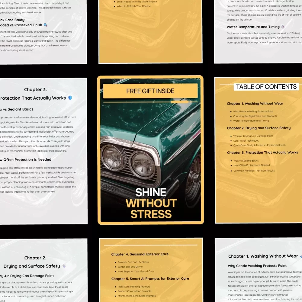 Shine Without Stress – Car Exterior Care Guide, Easy Car Wash & Paint Protection eBook, Auto Detailing Checklist, Smart AI Prompts for Paint Care