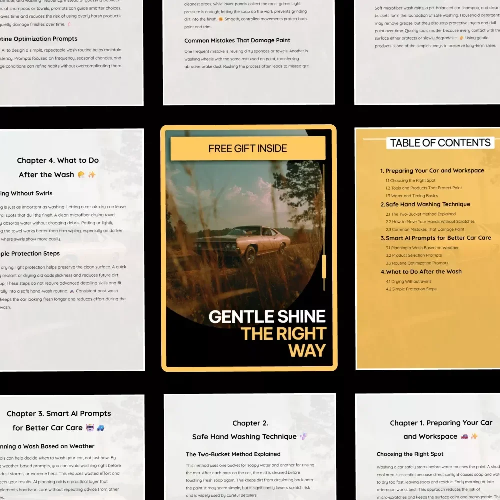 Gentle Shine the Right Way – Safe Hand Washing Guide, Scratch-Free Car Wash eBook, Paint Protection Checklist, Smart AI Prompts for Better Car Care