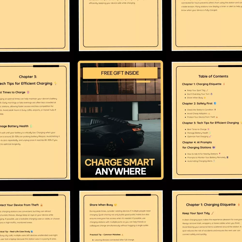 Charge Smart Anywhere | Digital Charging Guide, Charging Etiquette & Safety First Checklist, Tech Tips for Efficient Charging, AI Prompts for Charging Stations eBook