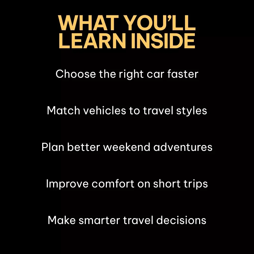 Perfect Rides for Weekend Escapes – A Practical Guide to Choosing Cars Ideal for Weekend Getaways, Adventure Trips, Luxury Drives & Family Road Trips